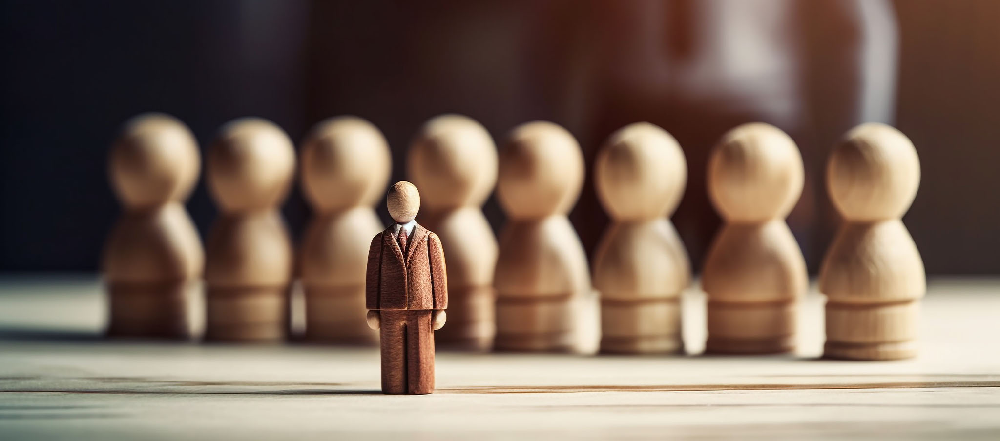 A wooden figure standing in front of a group of wooden chess pieces