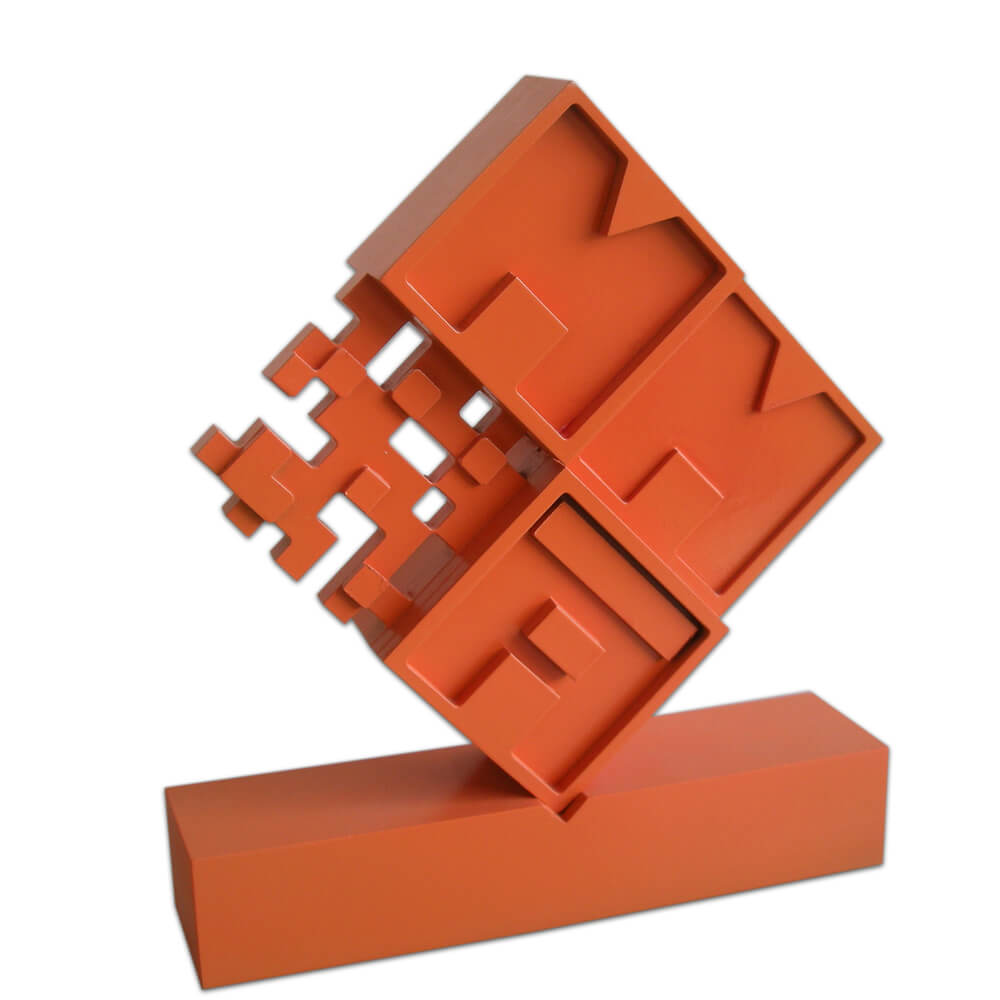 Cube sculpture with square base.