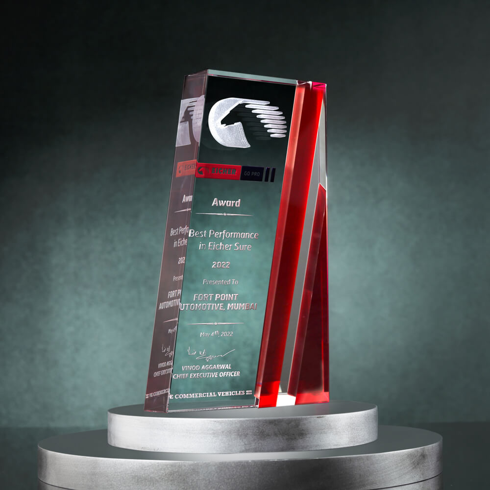 A crystal award on a stand