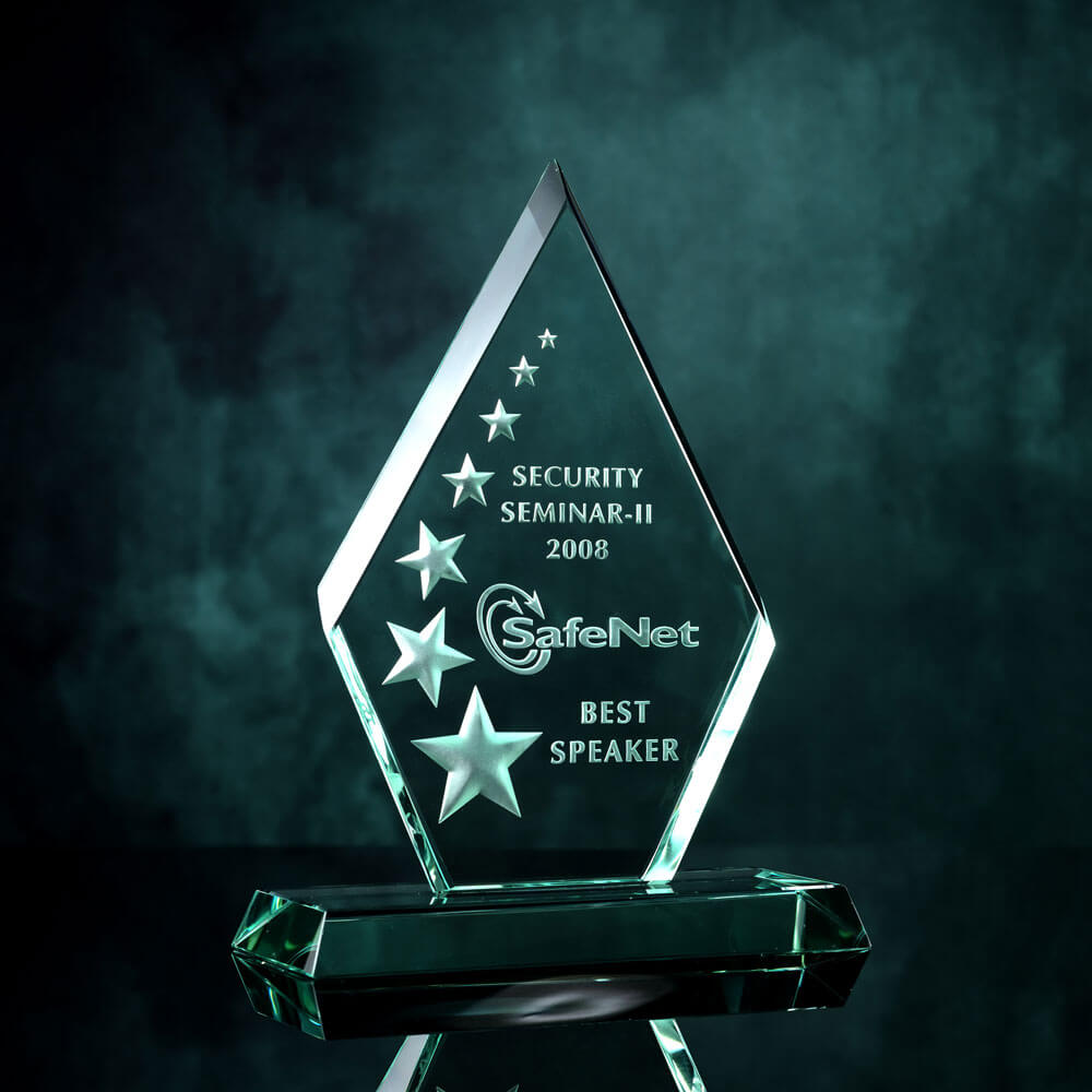 Green Glass award with a shining star designs and Best Speaker engraved
