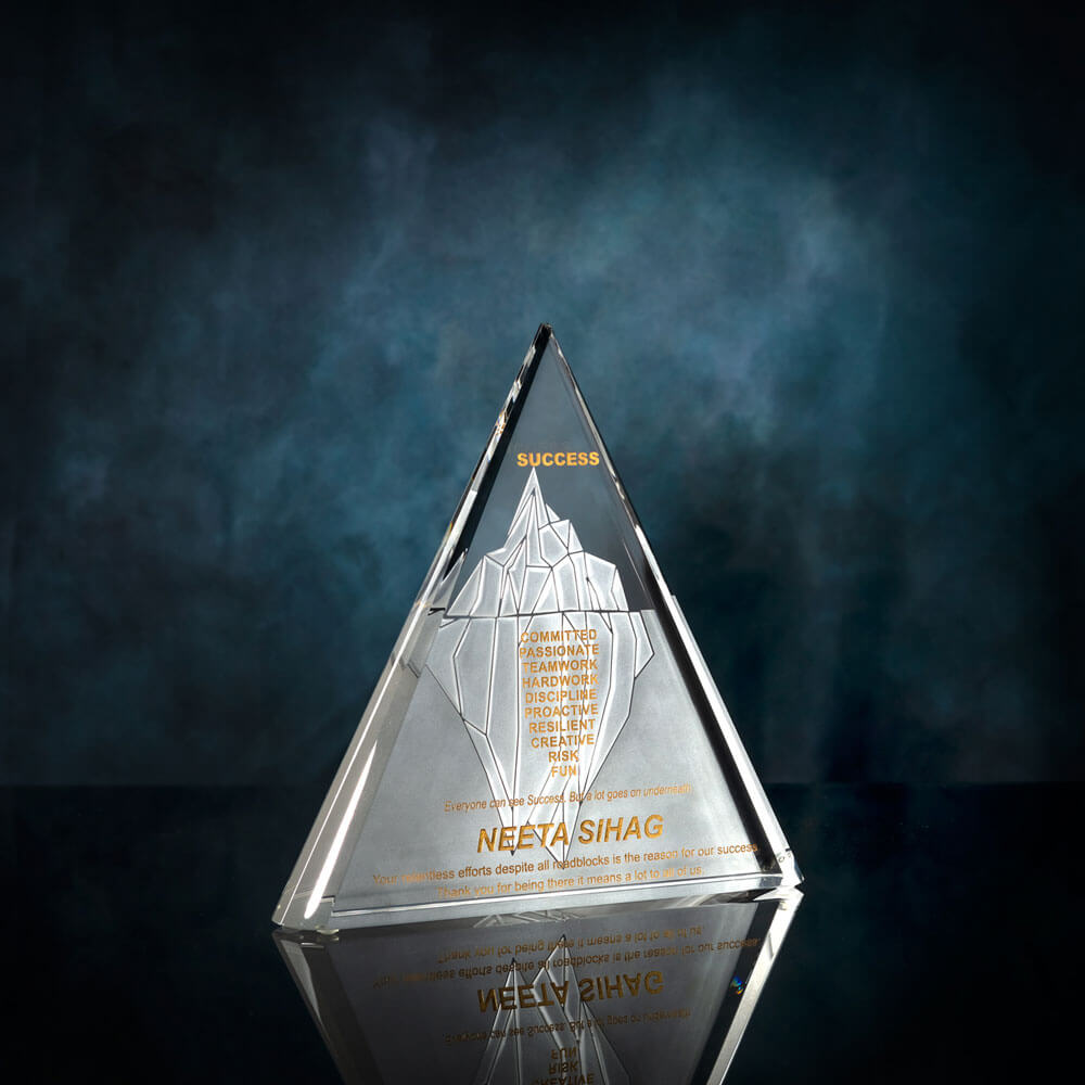 Triangle shaped Crystal Award with a mountain design