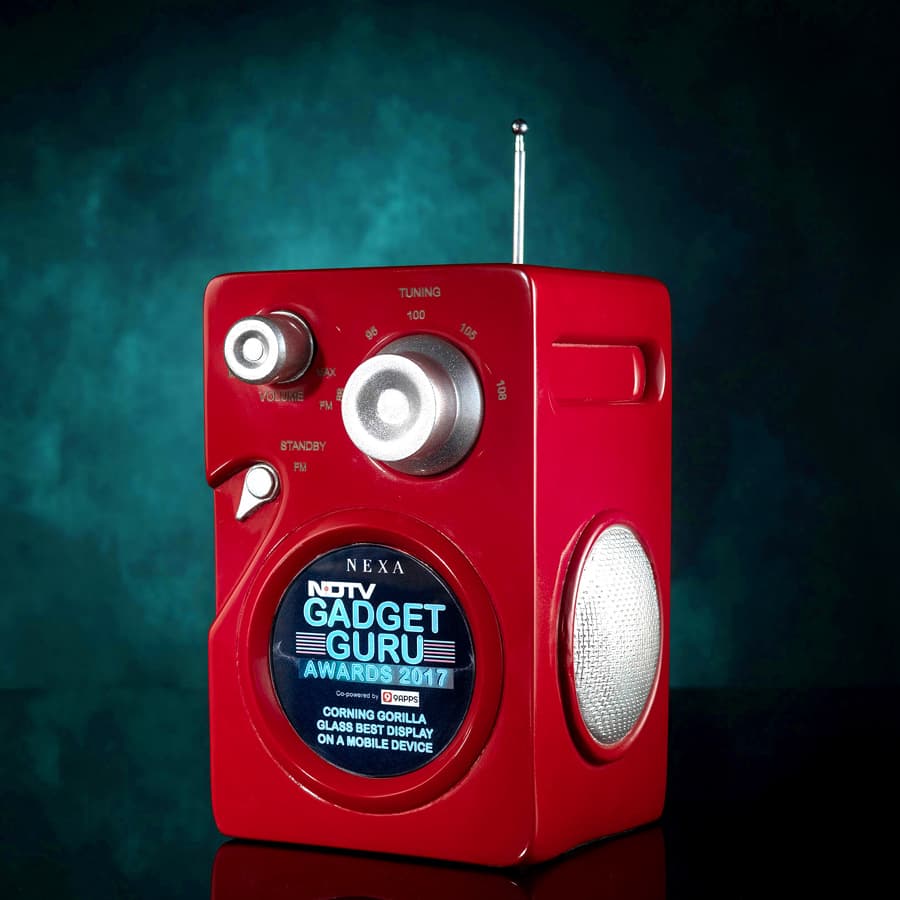 Red radio with microphone on top
