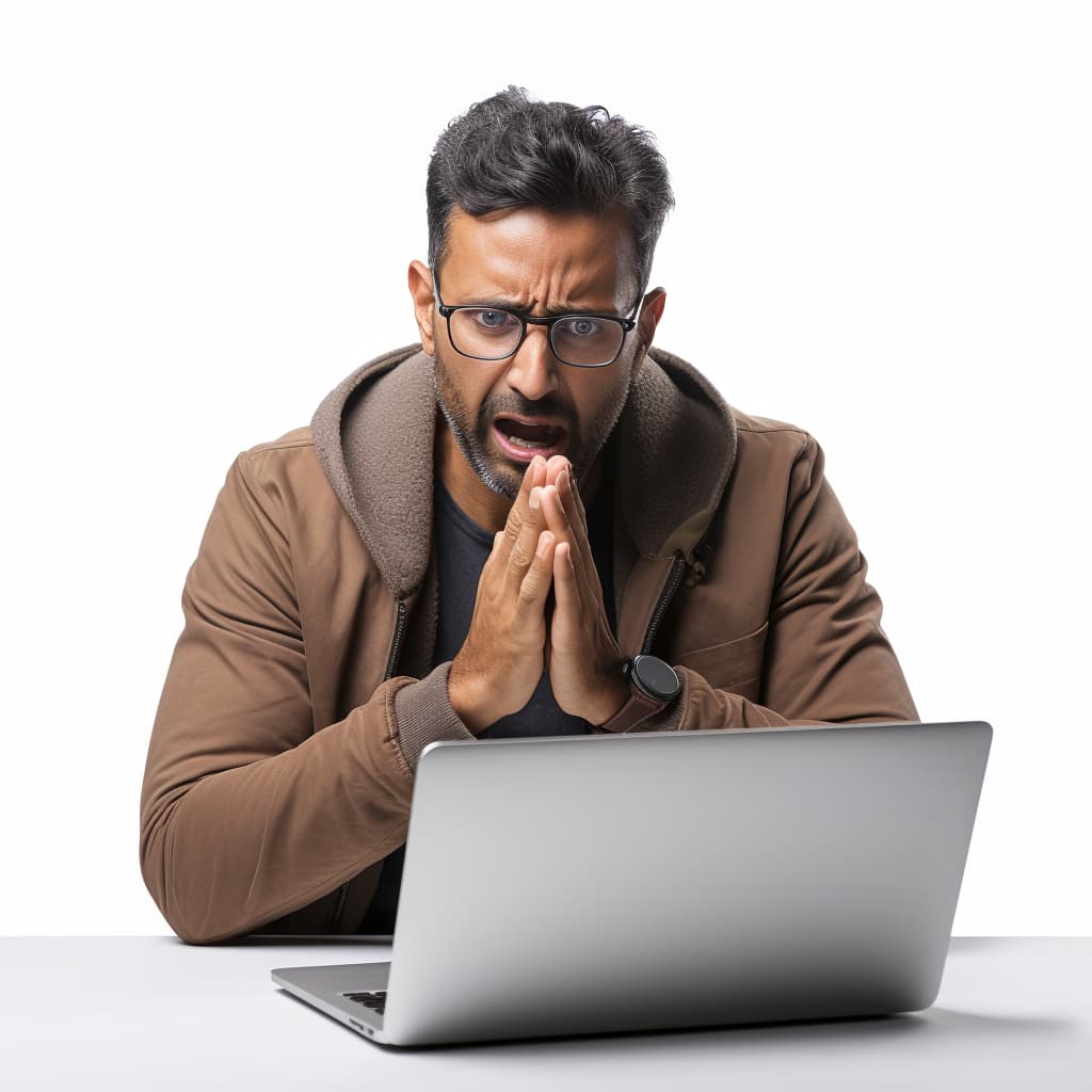 A man wearing glasses is seen praying while using a laptop