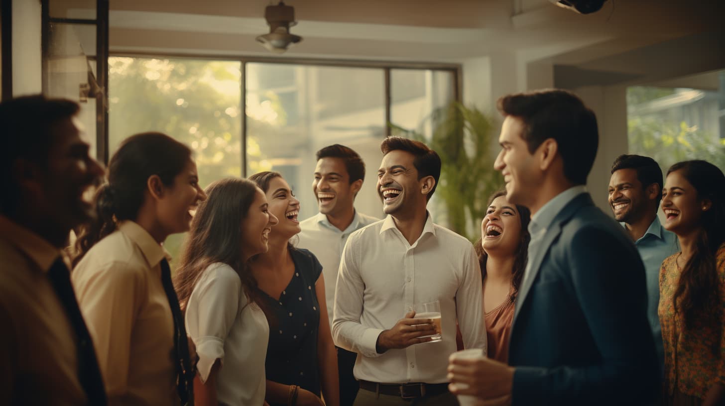 A group of people joyfully laughing together while receiving fun awards for employees