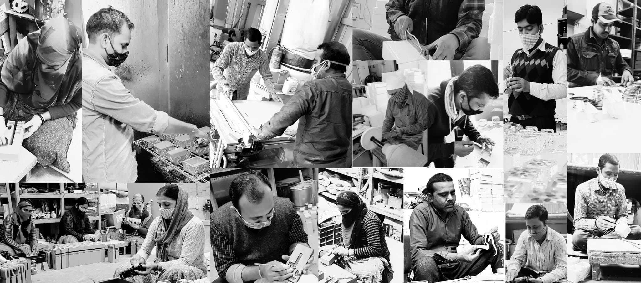 A collage of photos of people working in a factory.