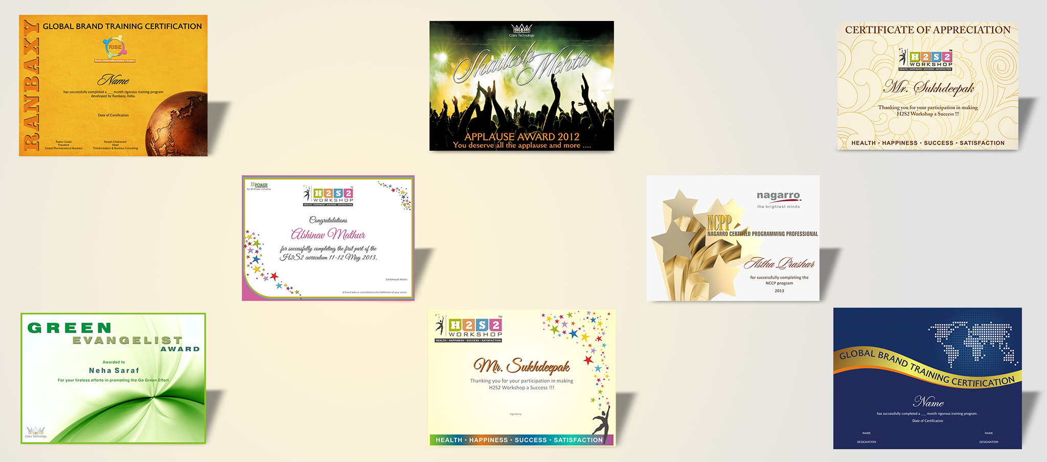 A variety of award certificates on a white background.