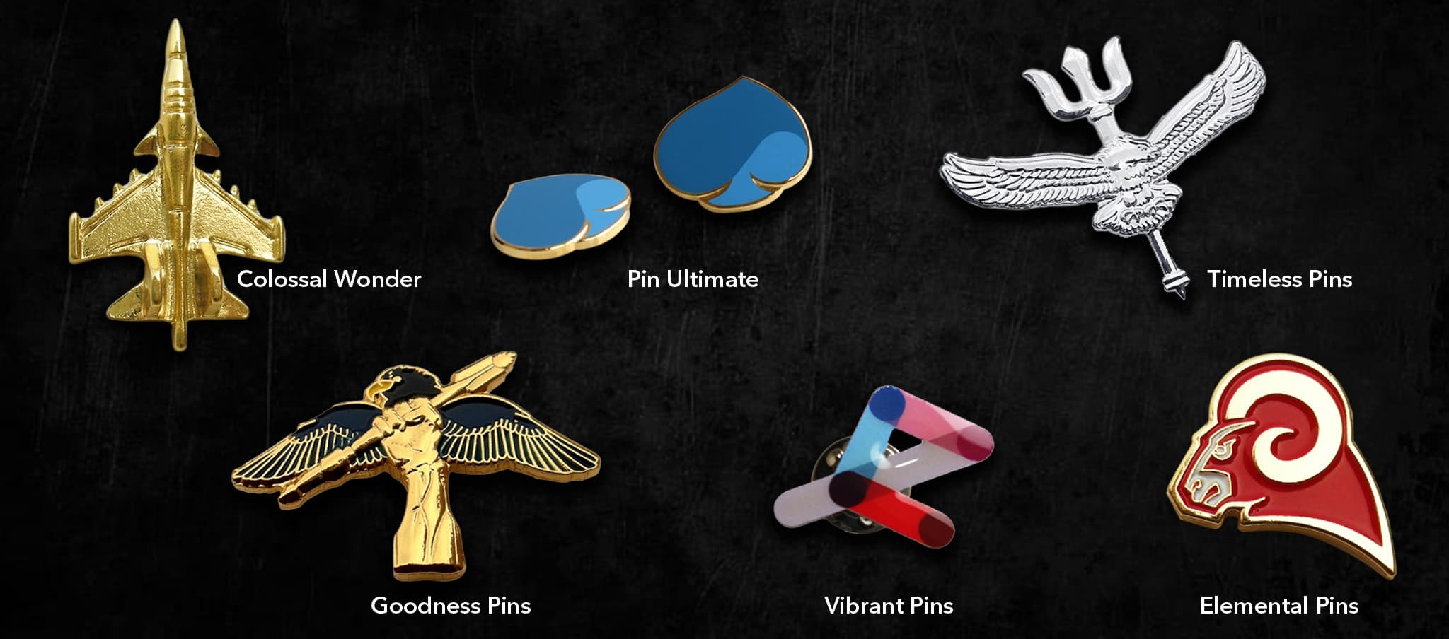 Different types of lapel pins on a black background