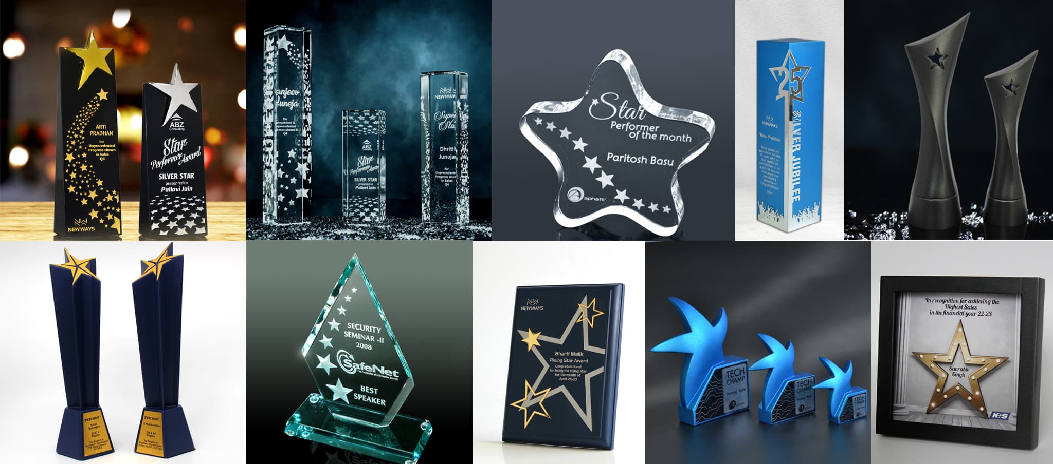 A collection of diverse awards and trophies in star designs