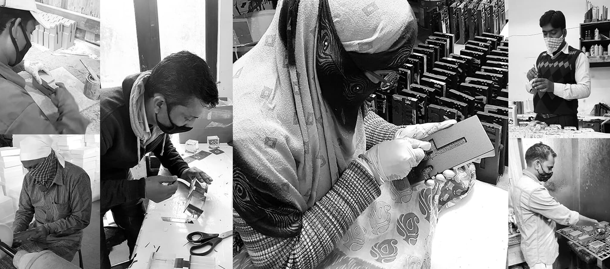 A collage of photos of people working in a factory.